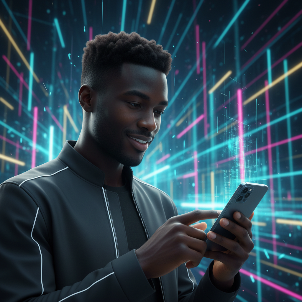 Homme africain souriant avec téléphone portable