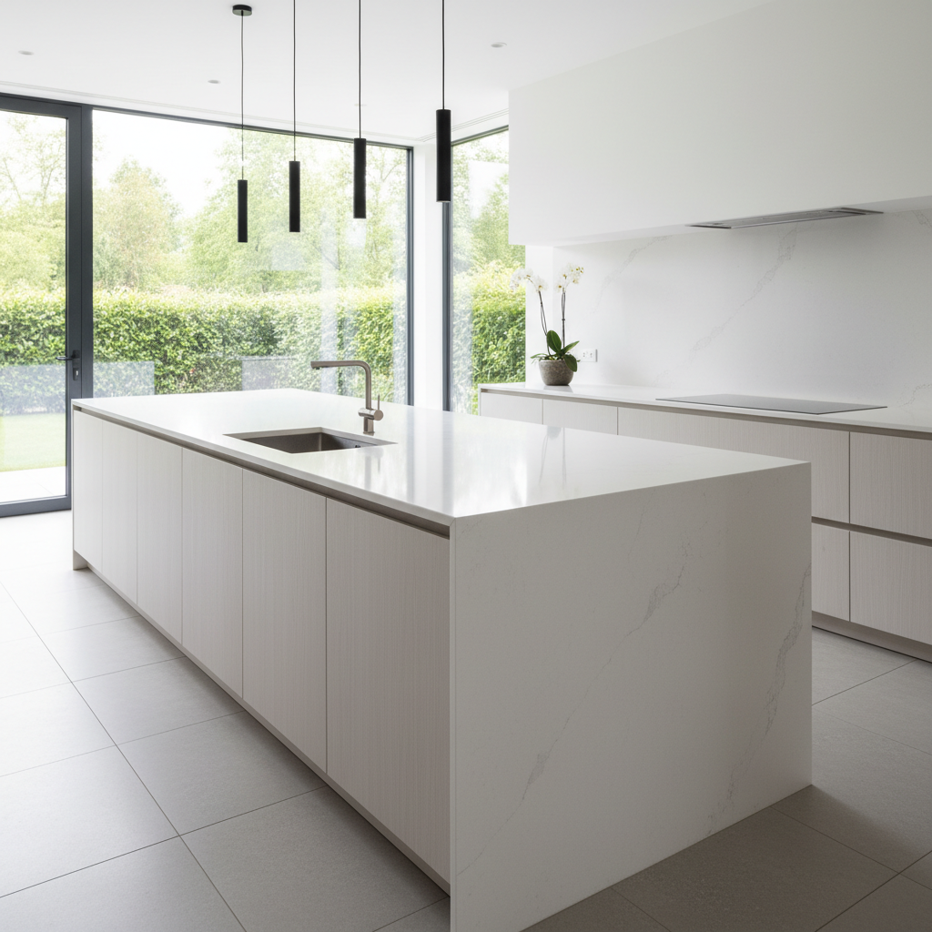 Luxury kitchen remodel with white quartz island and custom cabinetry, bright open space