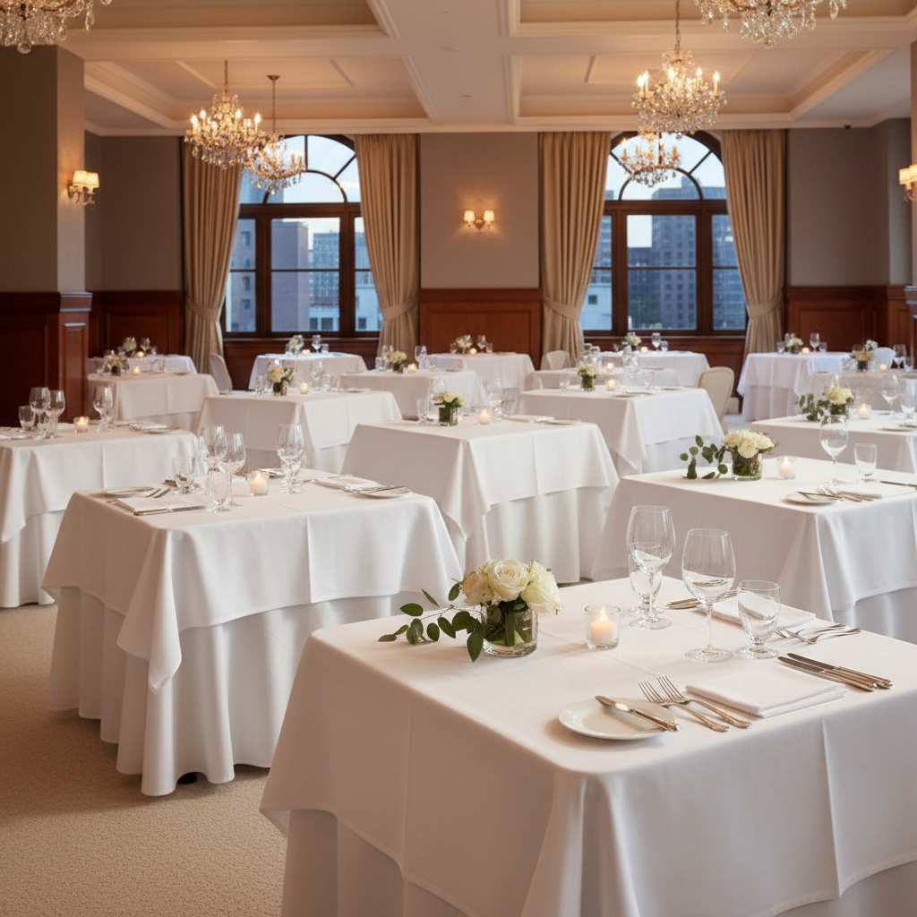 Elegant restaurant dining room interior with dark wooden tables, ambient chandelier lighting, and a calm atmospheric setting