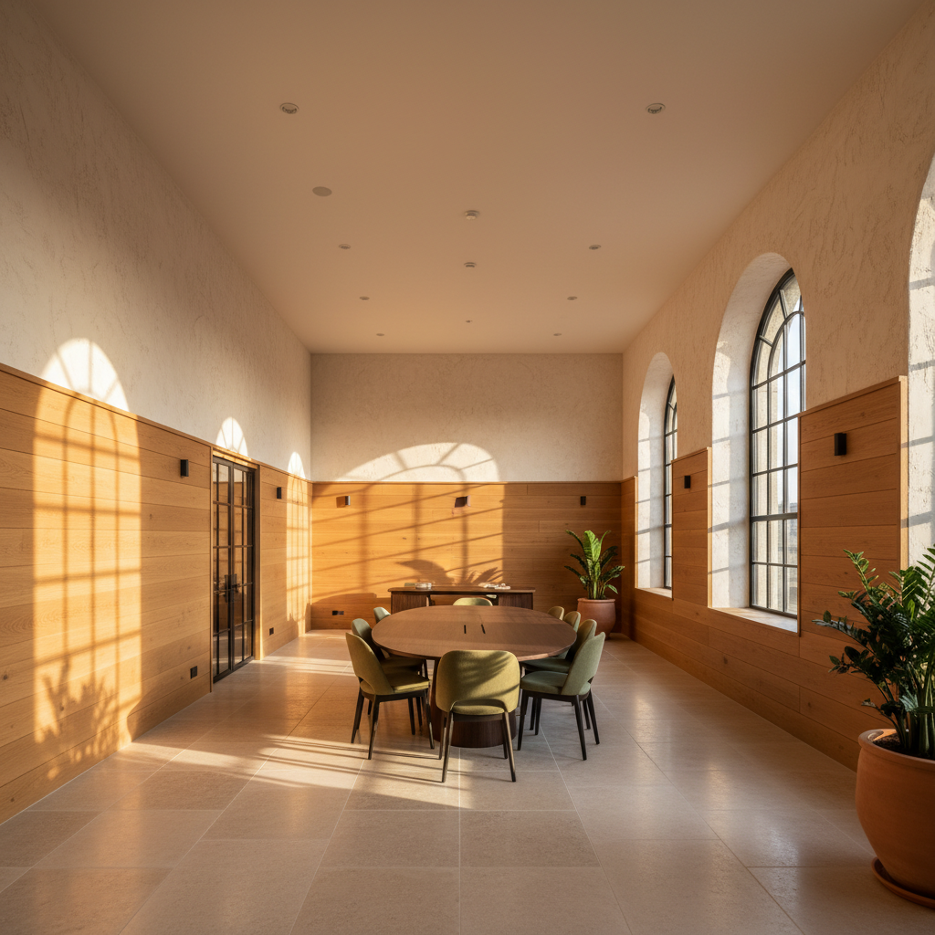 Premium corporate office interior at dusk, warm amber desk lamps, dark wood paneling, deep shadows, polished marble floor