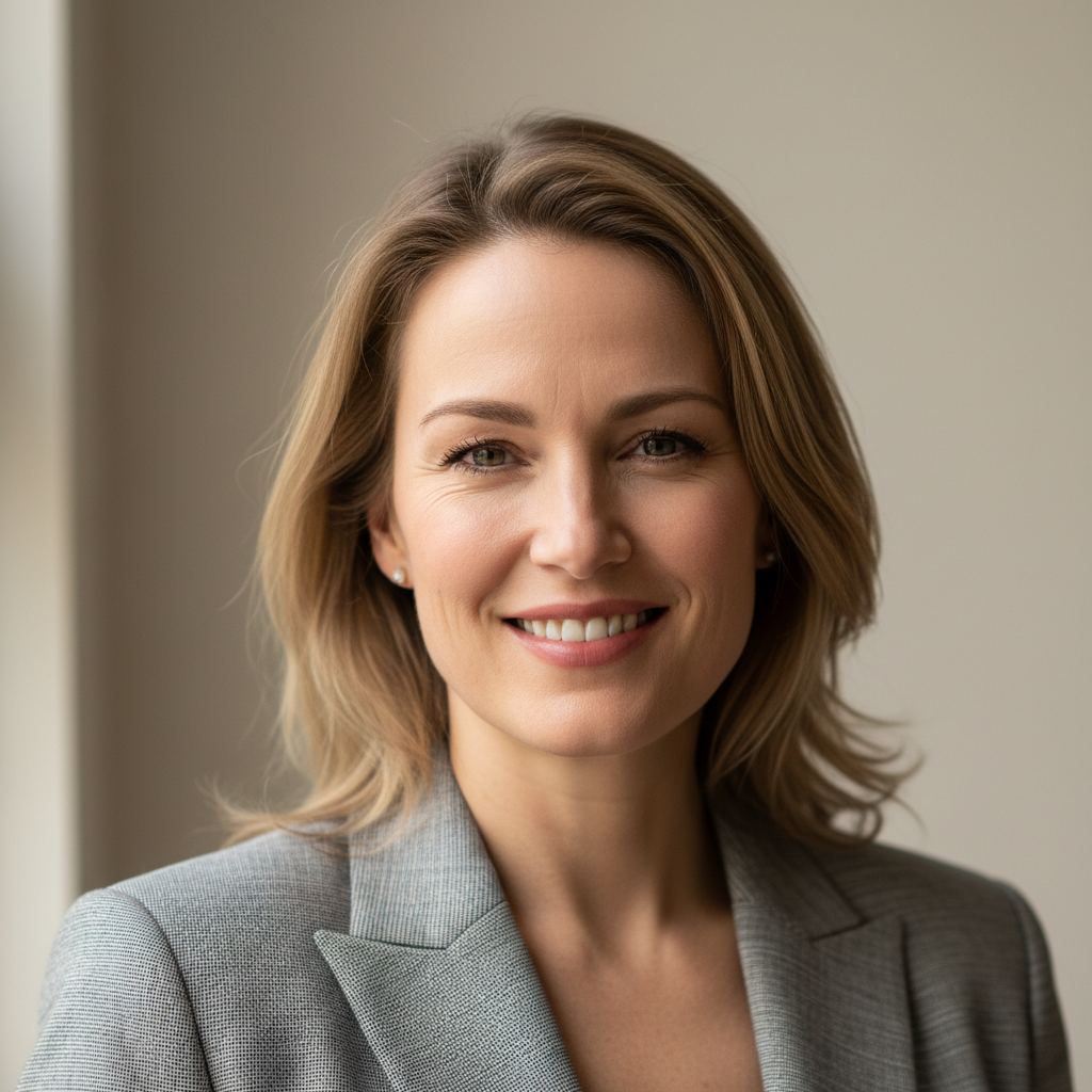 Professional European woman in business attire, polished headshot, bright neutral studio background