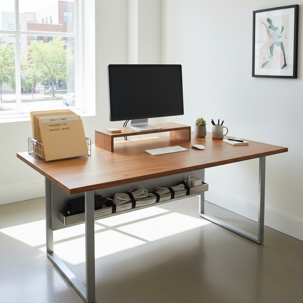Clean modern office desk setup with wooden shelving unit and organized workspace