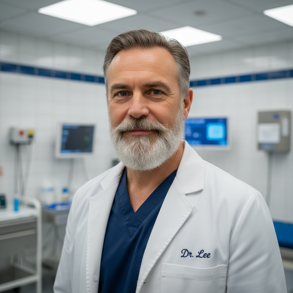 Urologist in soft-collar shirt, warm confident expression against neutral linen backdrop