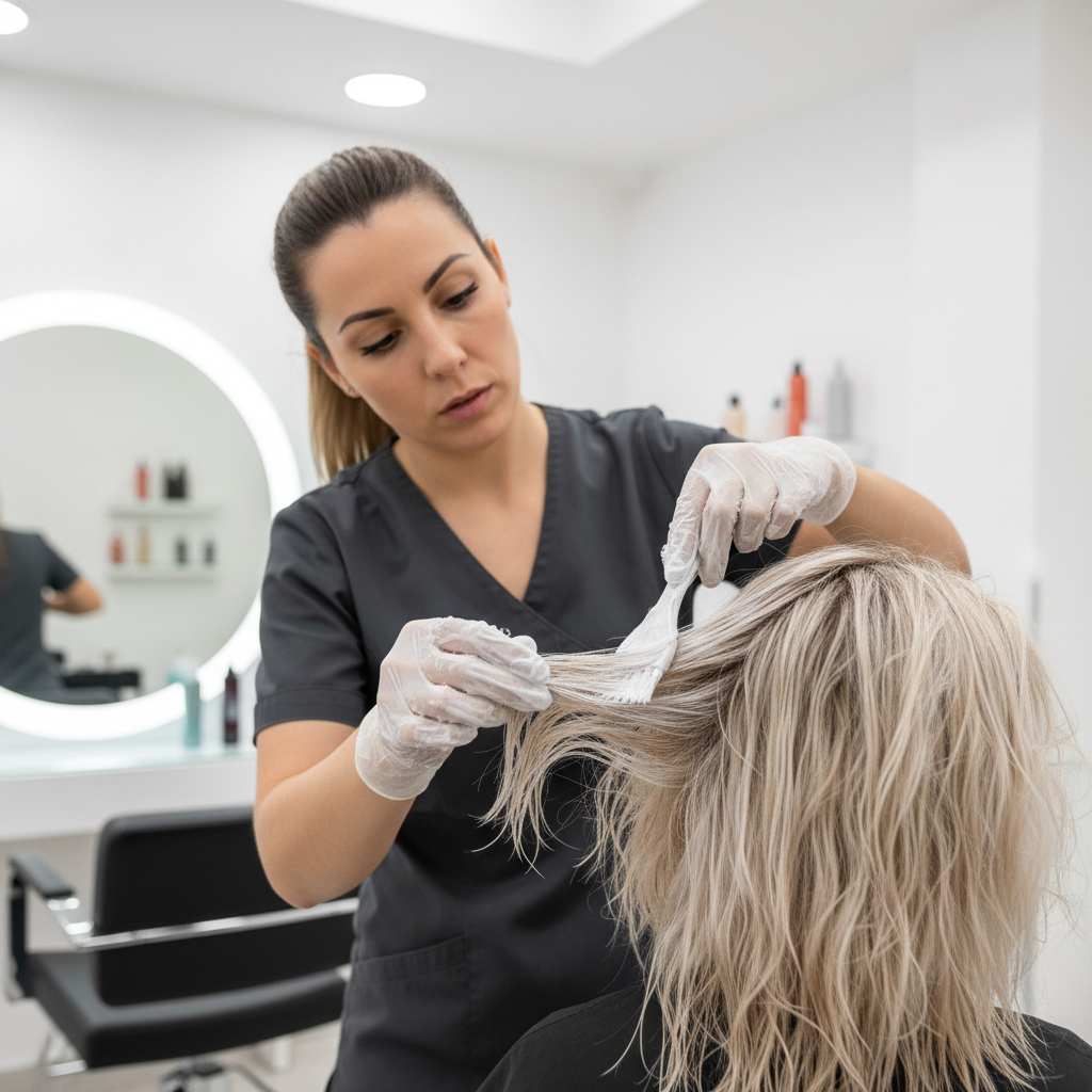 Woman having hair treatment applied in bright salon, warm ambient lighting