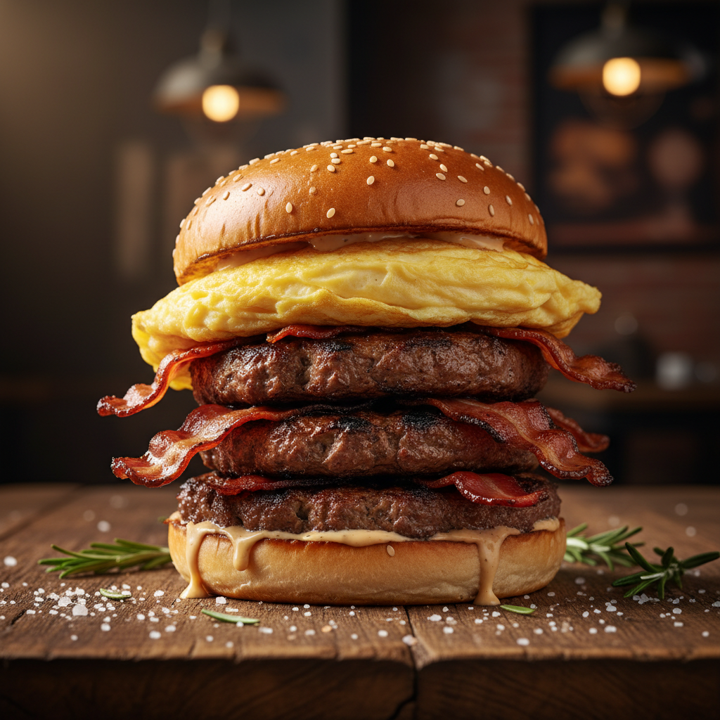 Giant triple-stacked burger with bacon, egg and multiple toppings on restaurant table with fries