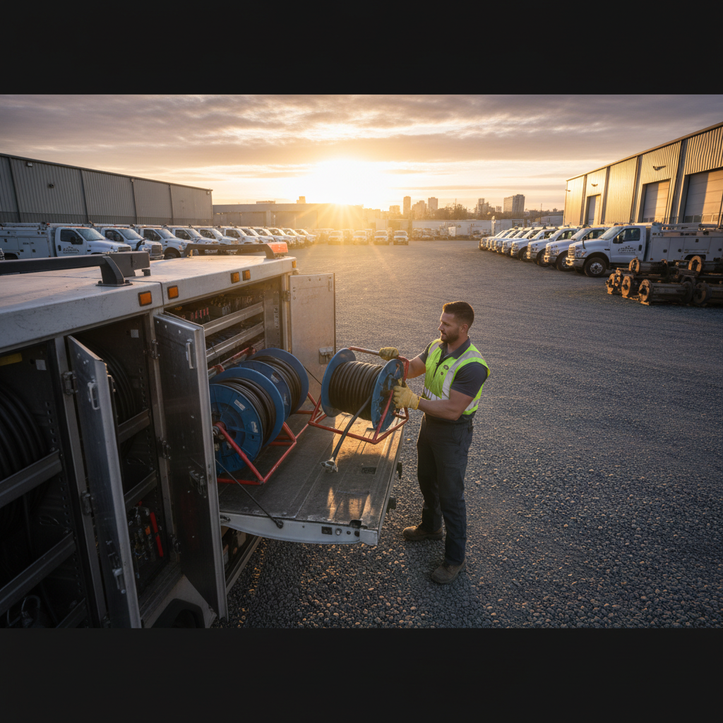 Fleet manager loading hose reels onto service truck in a Houston equipment yard at sunrise
