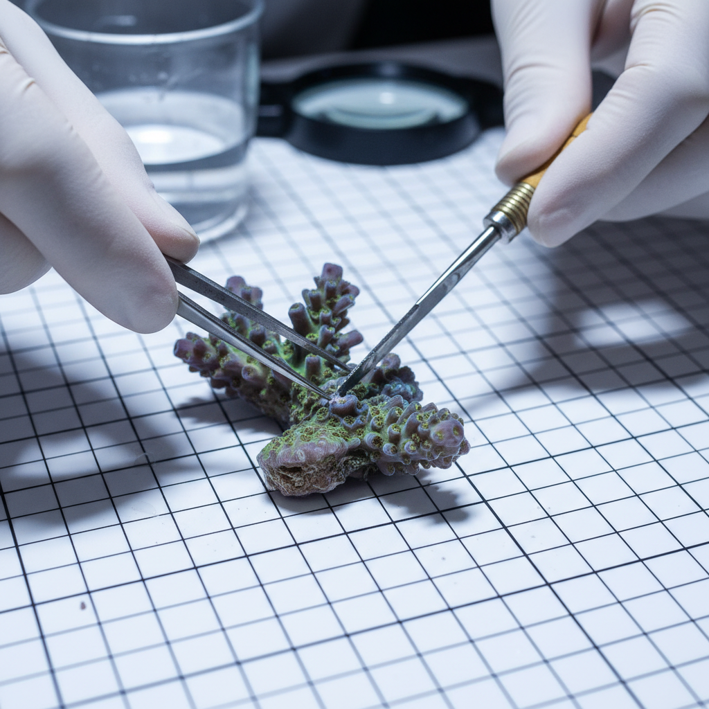 Close-up of hands carefully fragging a coral colony on a white cutting mat in an aquarium shop