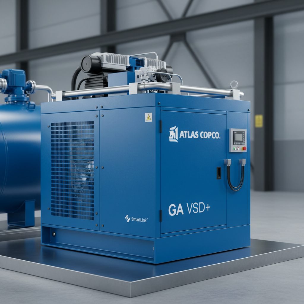 Industrial rotary screw air compressor unit in factory setting, blue painted steel casing, heavy machinery