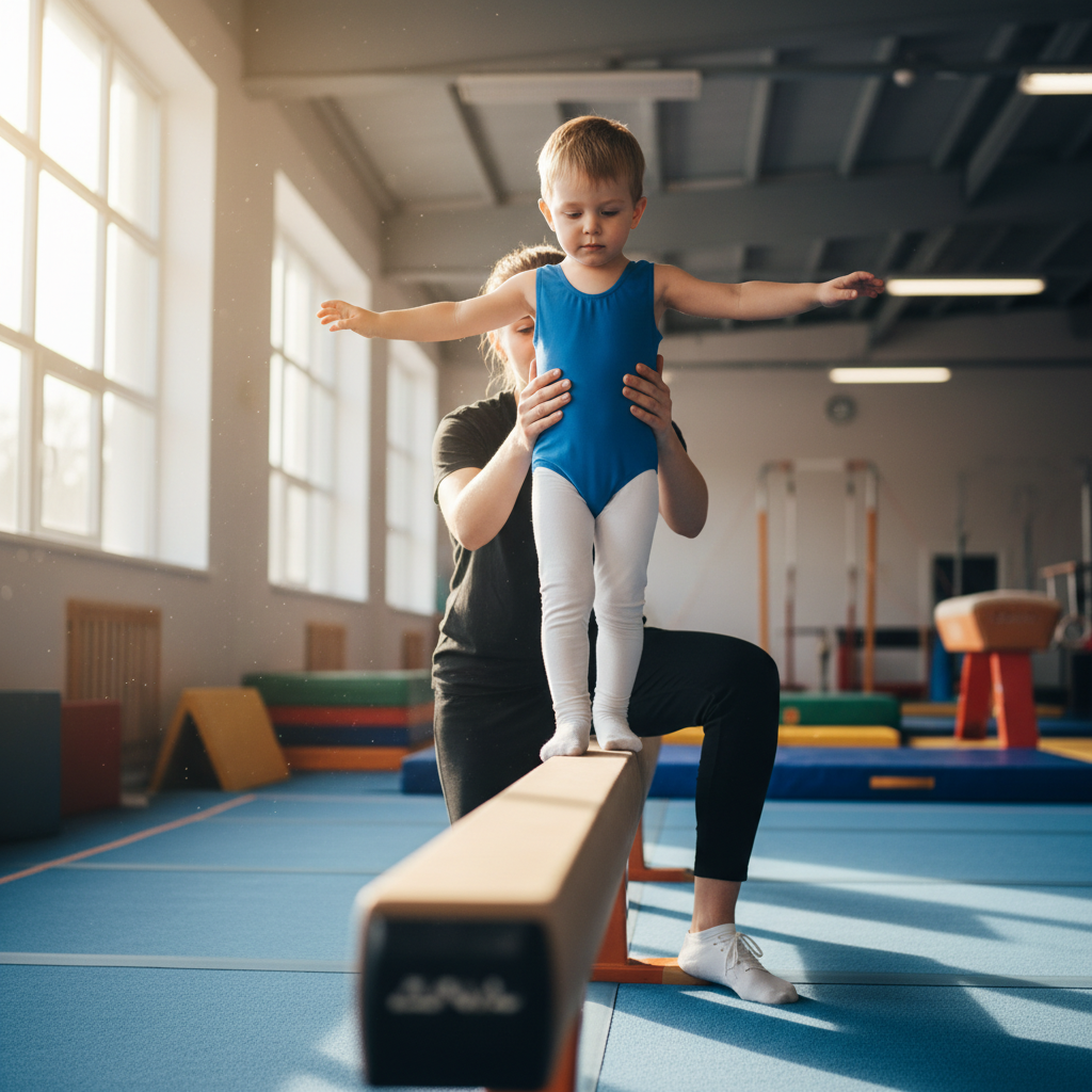 Coach with two steady hands spotting a small child walking a balance beam