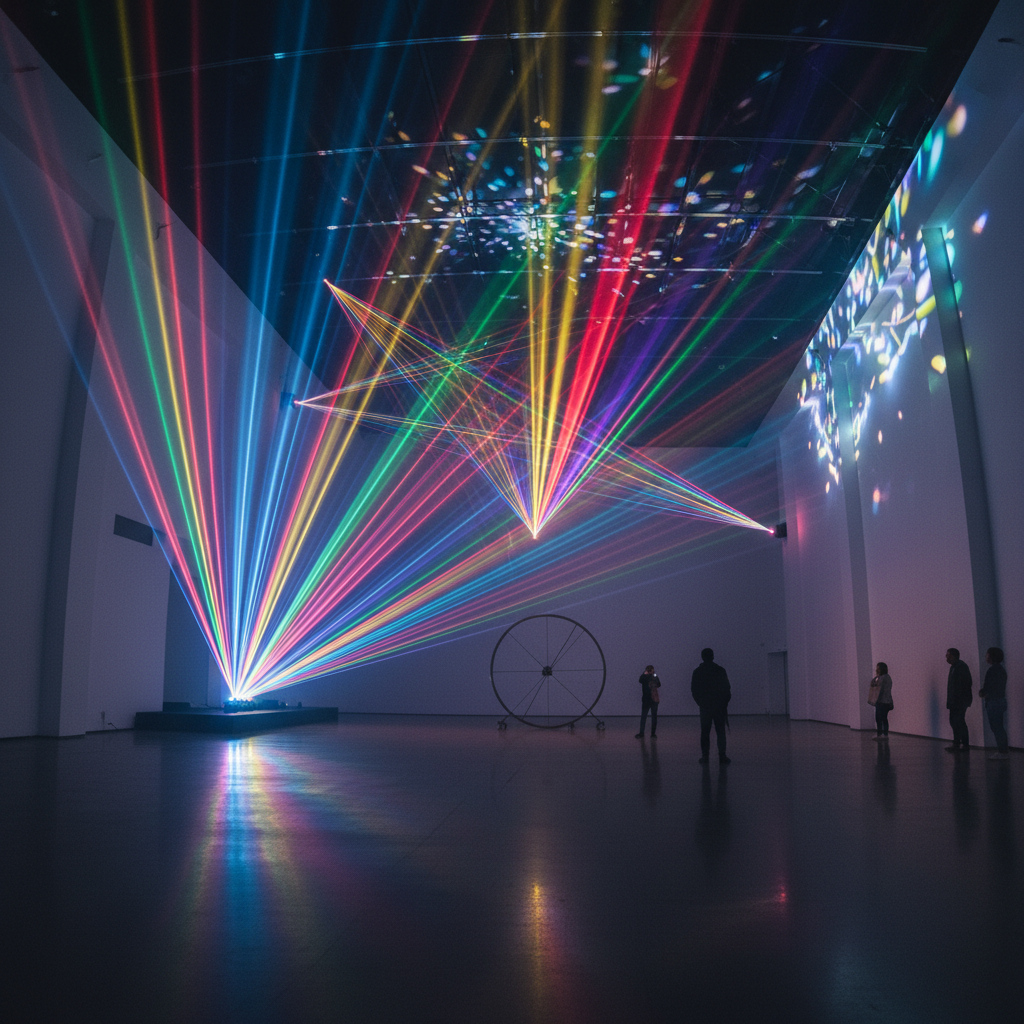 Chromatic Drift installation reel — coloured light beams in gallery space