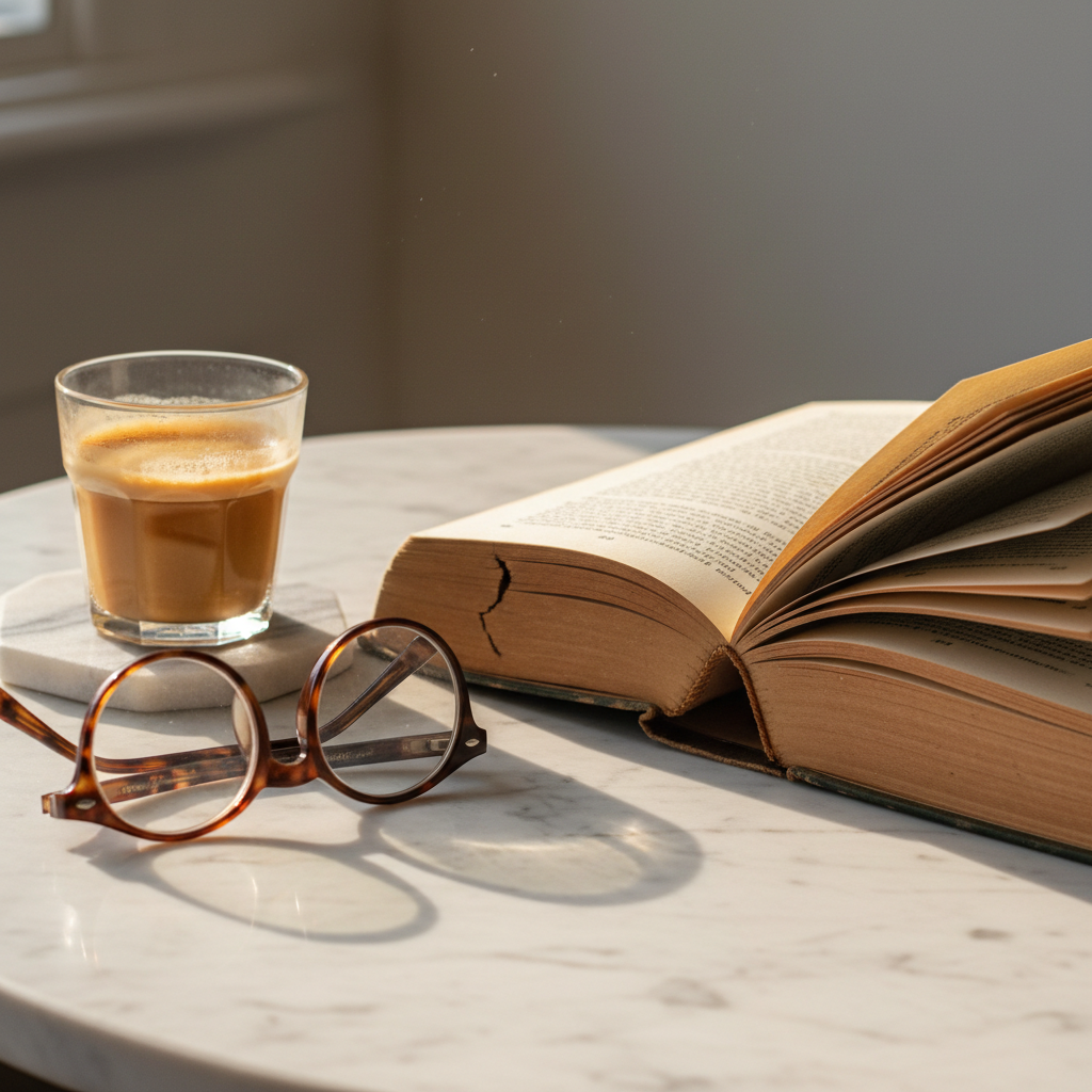 A cracked-spine paperback, tortoiseshell glasses, and a half-drunk cortado on a marble surface, illuminated in warm light