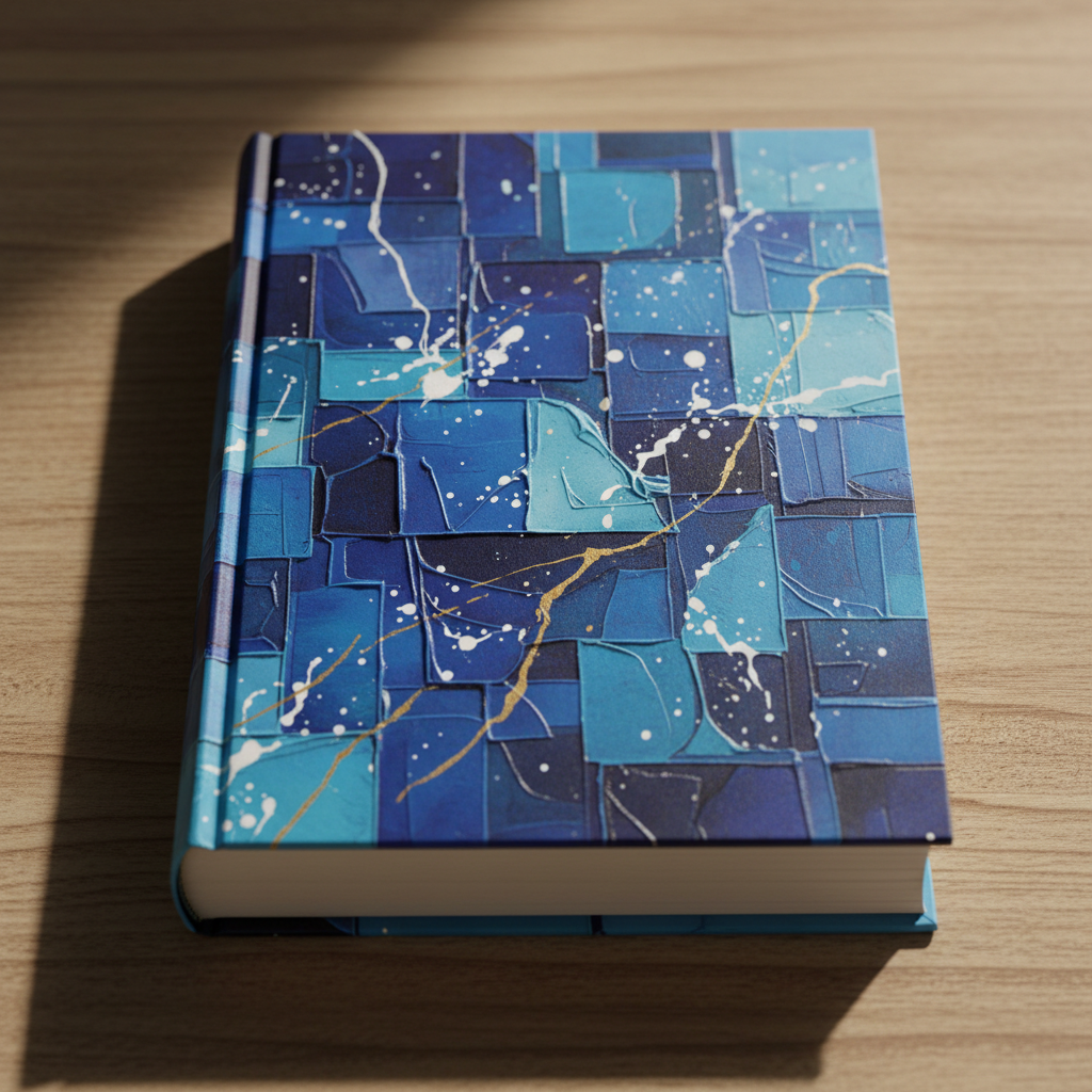 Hardcover book with blue abstract cover resting on wooden surface