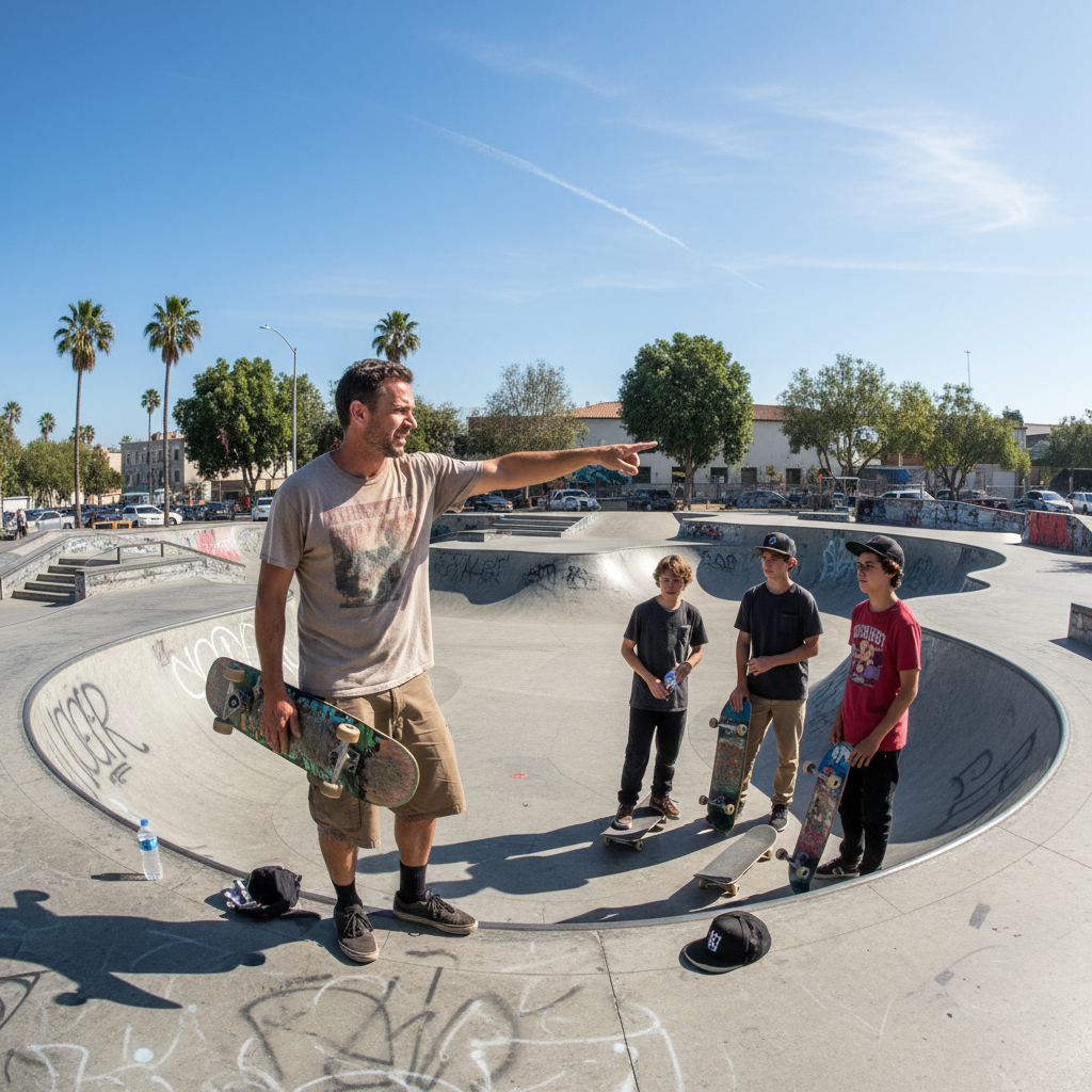 Adult male skater coaching at skate park, pointing at a ramp, wearing vintage tee