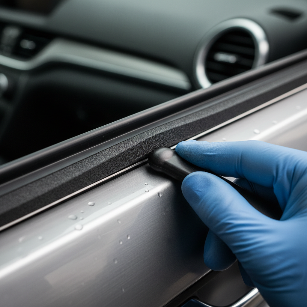 Close-up of fresh EPDM rubber weatherstripping being pressed into a door channel by a technician