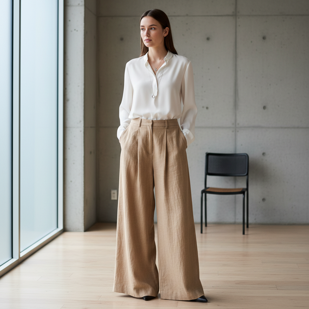 Modelo usando calça pantacourt de linho bege areia, ambiente claro e minimalista