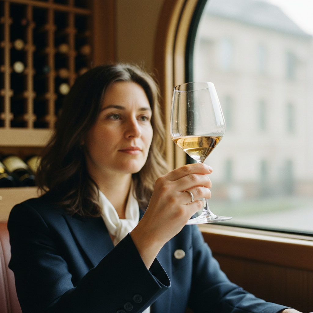 Head sommelier Isabelle Voss holding a wine glass up to the light in the dining car, surrounded by a curated wine cellar