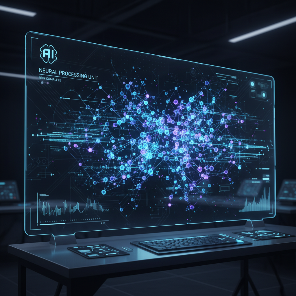 AI neural network data visualization on dark background, glowing blue nodes and pathways, deep atmospheric shadows, futuristic enterprise technology