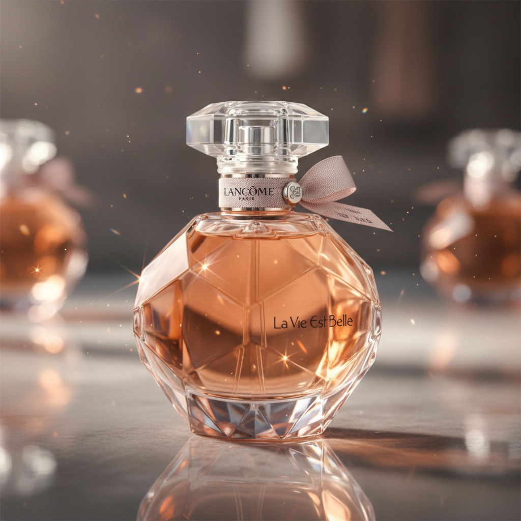 Lancome La Vie Est Belle pink bottle with crystal-clear bow-shaped base on a light pink background