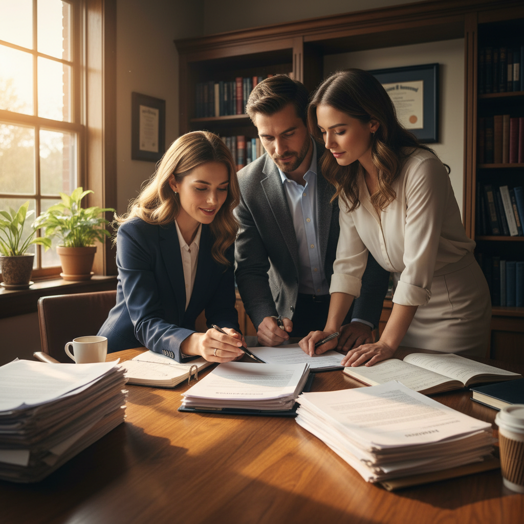 Attorney and clients reviewing adoption documents at a conference table with natural window light