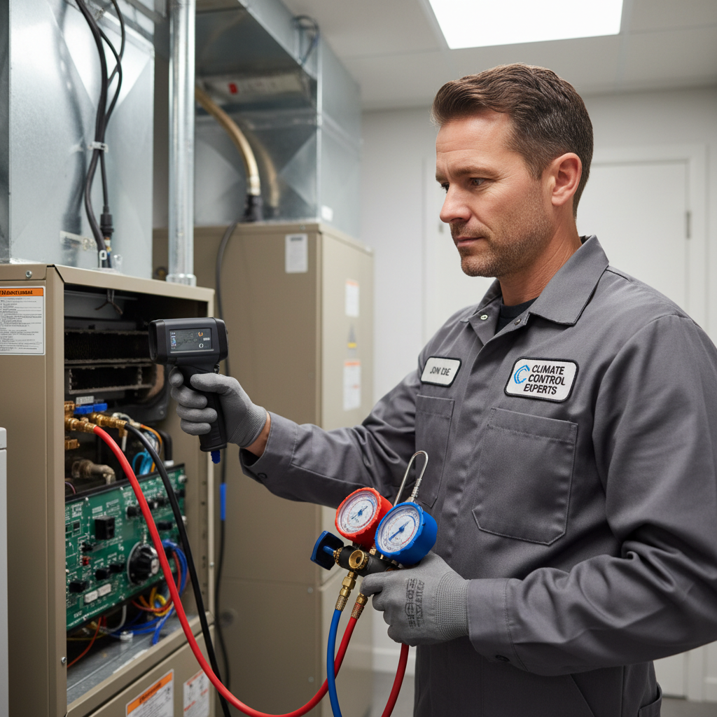 HVAC technician in uniform inspecting a residential heating boiler system, professional equipment, clean workshop environment