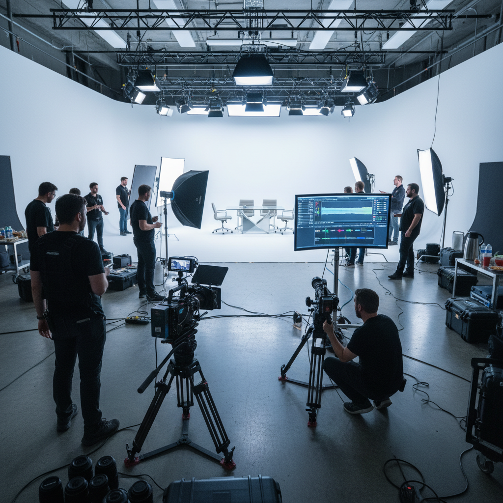 Behind the scenes production setup for financial compliance video shoot