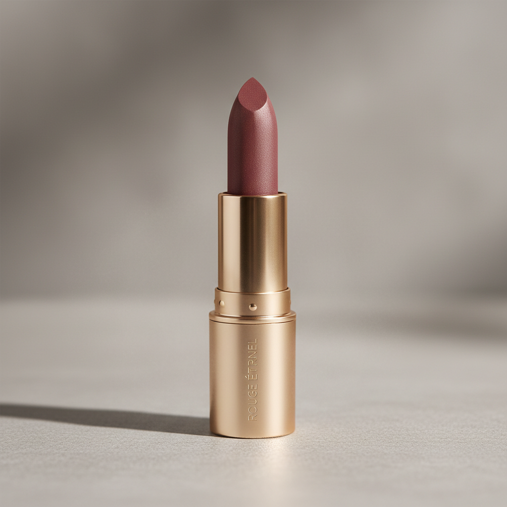 Rose pink matte lipstick tube with gold cap on cream surface, bright clean product photography