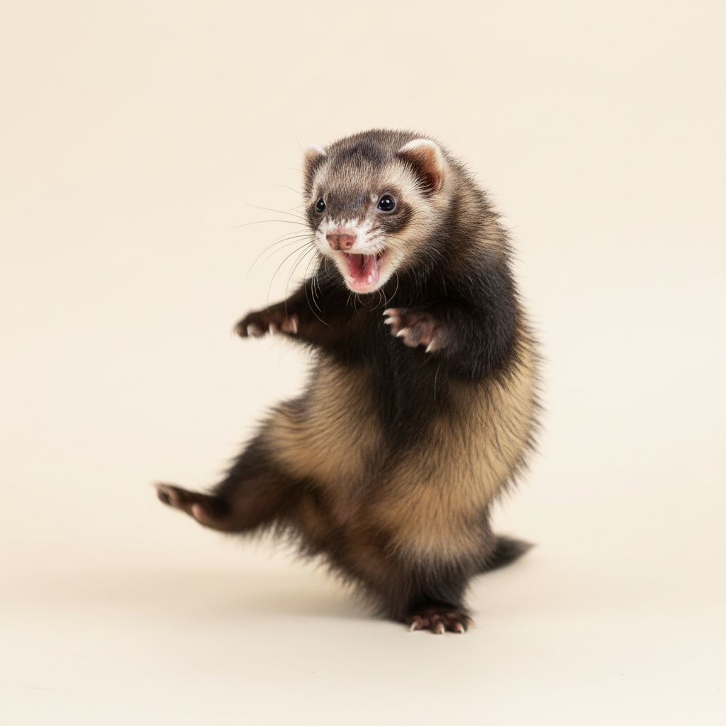 Sable ferret mid-dook with mouth open wide, caught in a joyful war dance on cream background