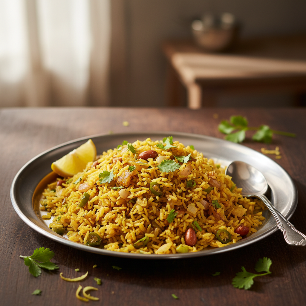 Fresh kanda poha with golden turmeric flattened rice, fried onions, mustard seeds and fresh coriander garnish