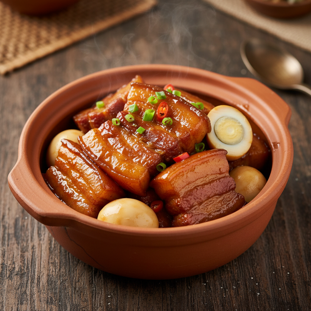 Slow-braised pork belly in caramel with quail eggs in a clay pot