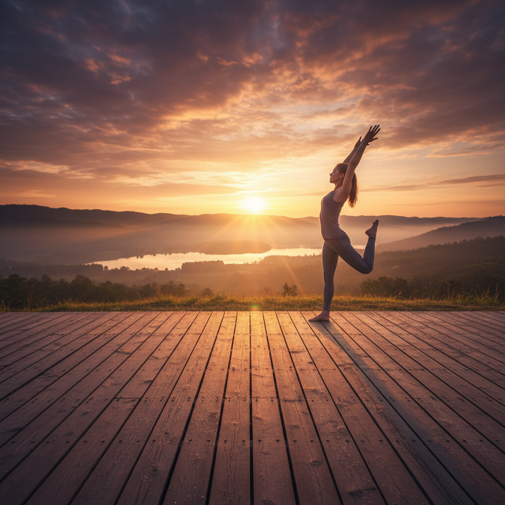 Yoga practice at sunrise on lakeside wooden deck, misty morning, golden light, peaceful meditation