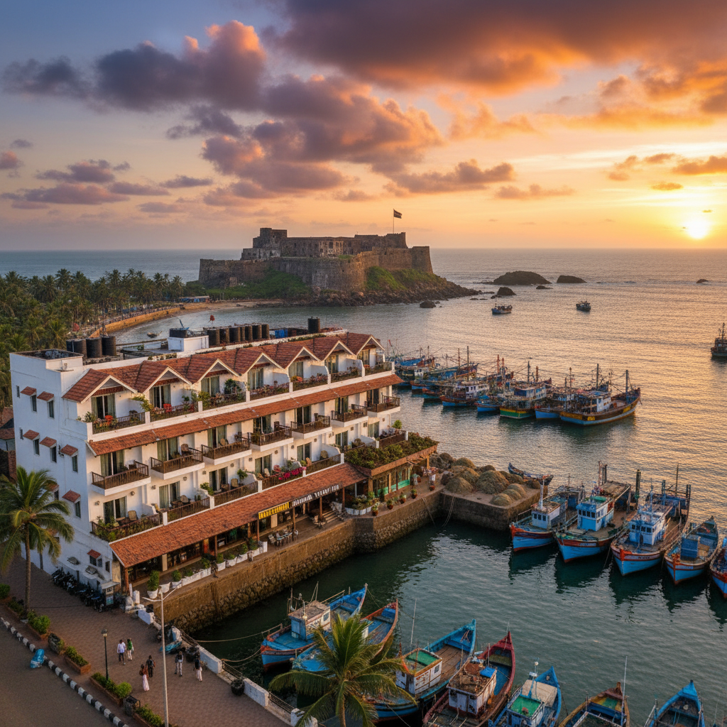Ratnagiri harbour view inn with balcony rooms overlooking the fishing harbour and Ratnadurg fort