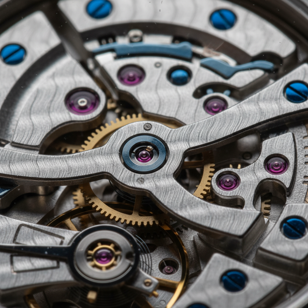 Watchmaker hand polishing movement bridge under microscope, extreme detail, warm bench light dark background