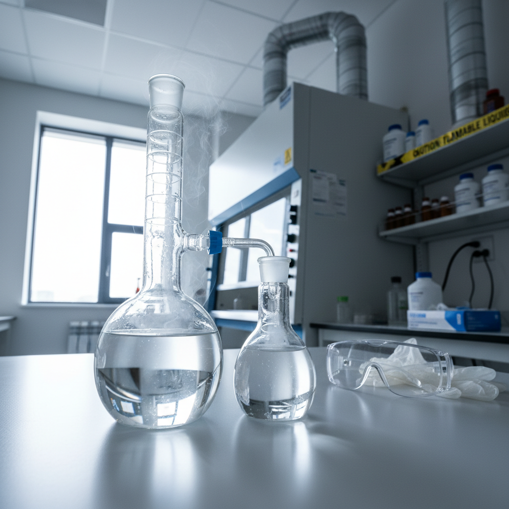 Pure acetone solvent in clear glass container, universal chemical solvent