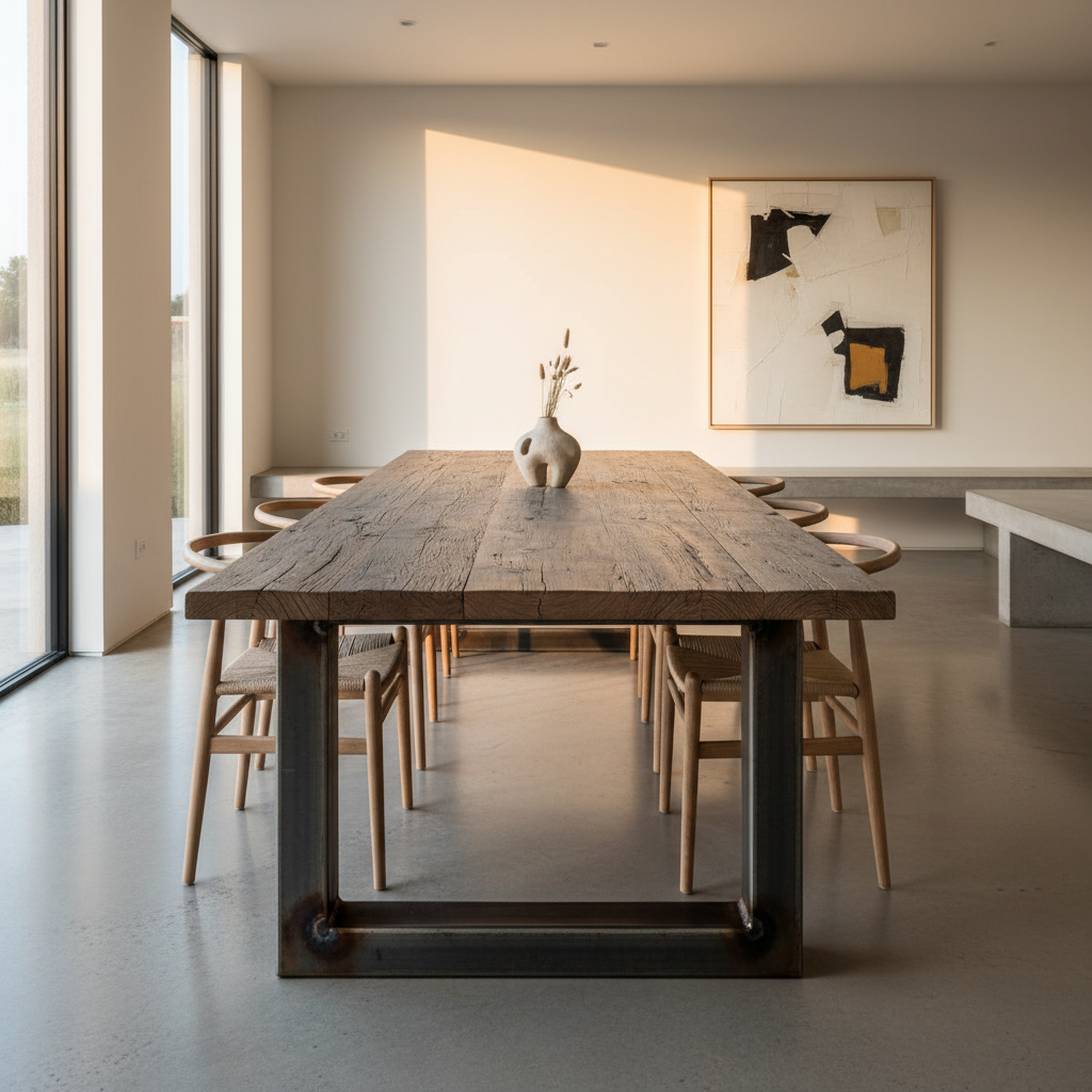 Solid oak dining table with natural grain texture in a bright minimal studio setting