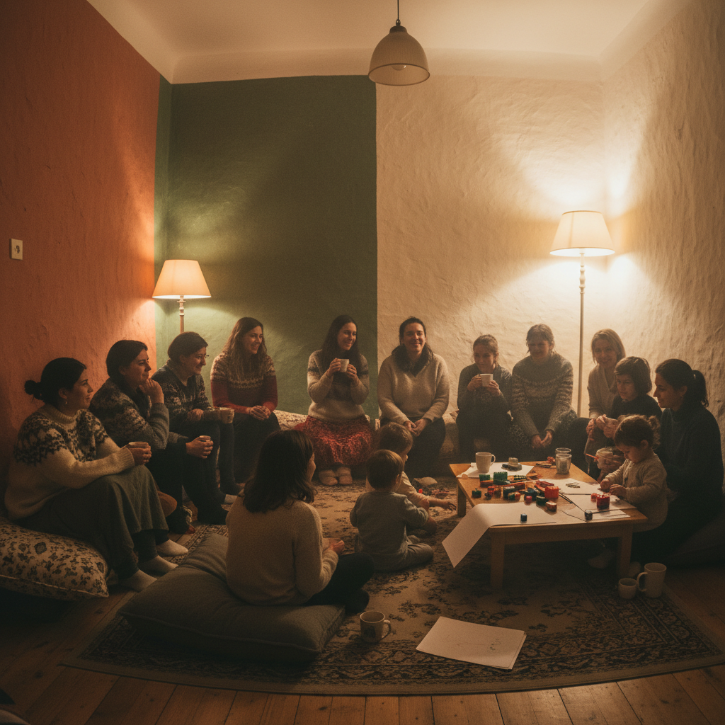 African children receiving food at a community feeding program, warm candlelit interior, wooden tables, joyful expressions, deep warm shadows