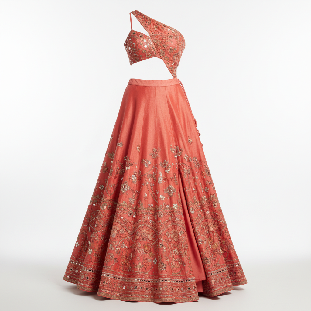 Pink lehenga choli set with sequin work blouse and layered skirt for wedding