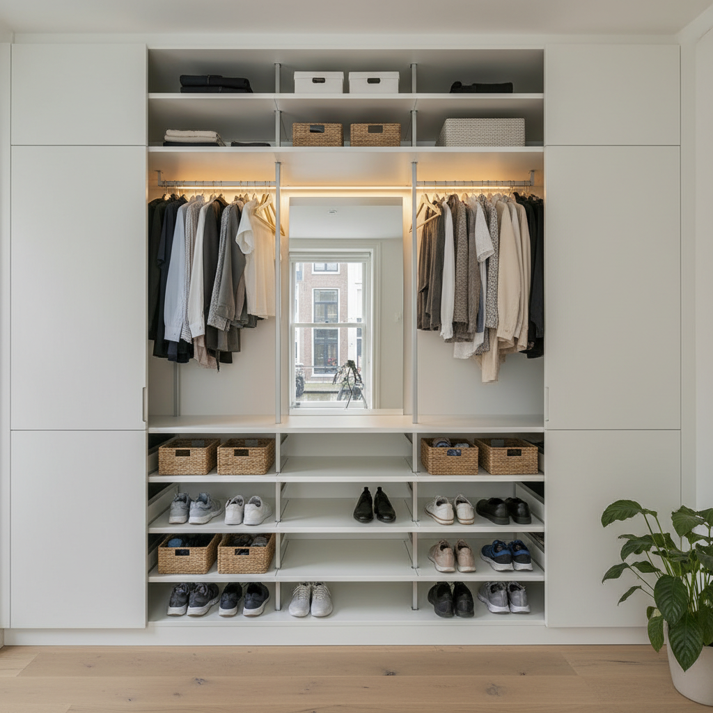 Guarda-roupa planejado com espelho embutido e iluminação interna em quarto branco