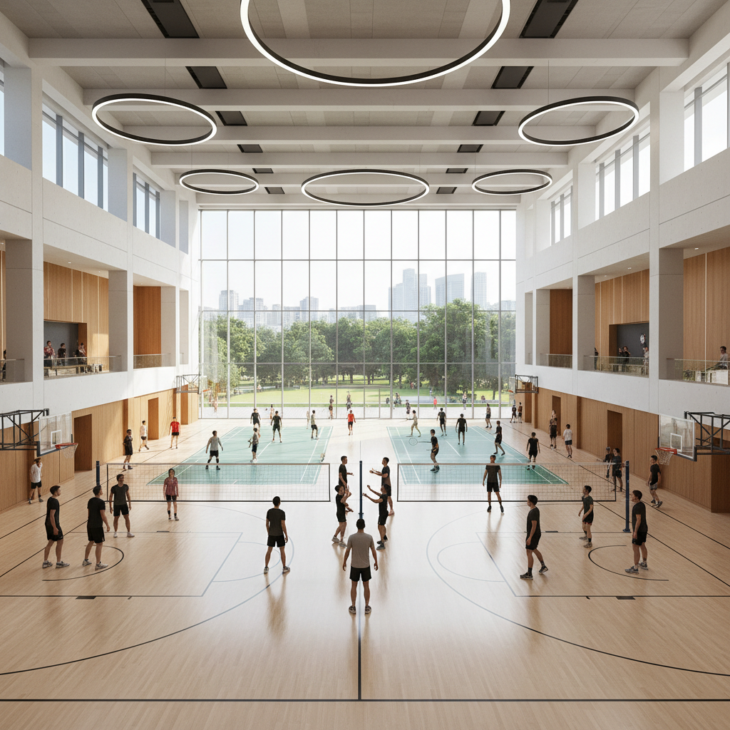 Large multi-court sports facility with premium finishes, modern architecture