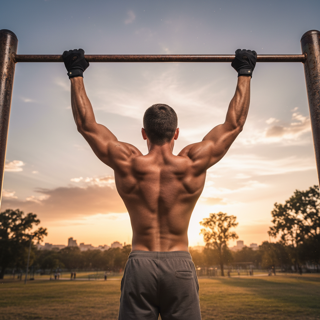 Athlete at the top of a muscle-up movement above an outdoor pull-up bar at sunset