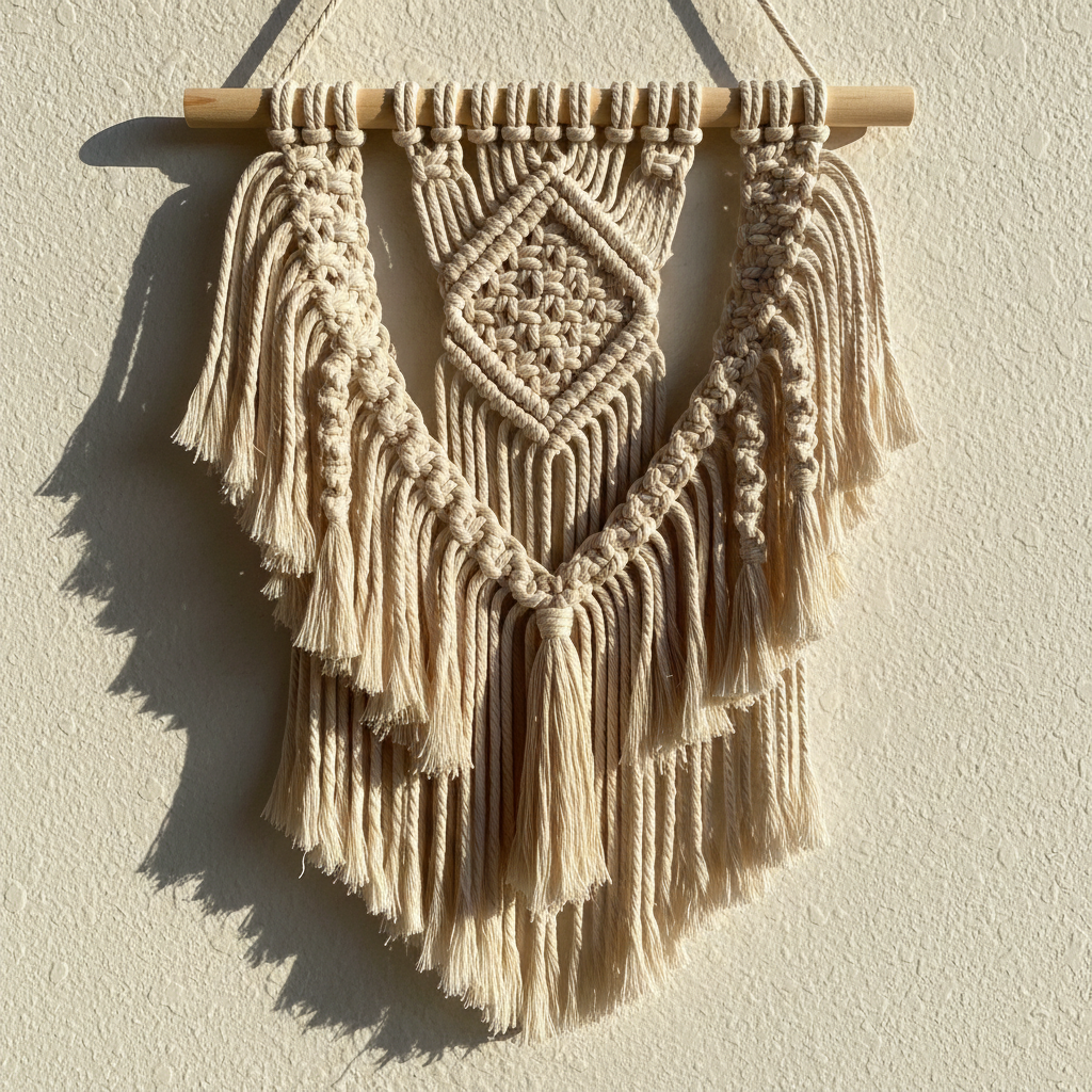 Large macramé wall hanging in natural cotton