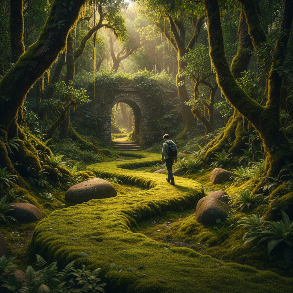 A guest walking slowly along a mossy forest path toward the Sanctuary entrance on their first arrival