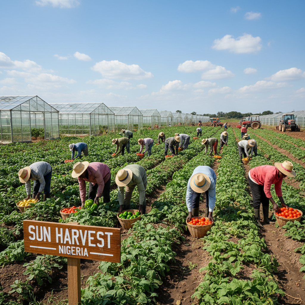 Nigerian agricultural supply chain with fresh produce being sorted and distributed, daytime, organised logistics