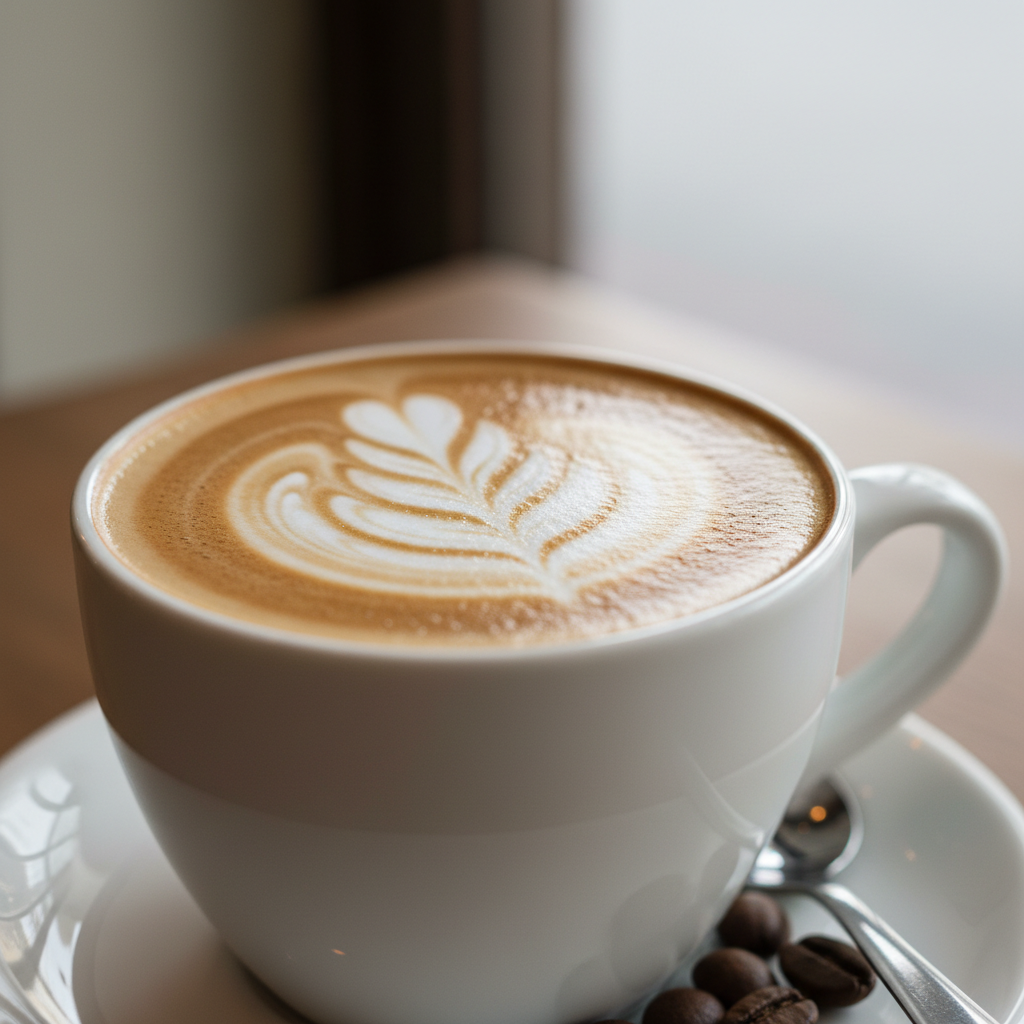 Flat white coffee with delicate latte art in a small white ceramic cup on a saucer