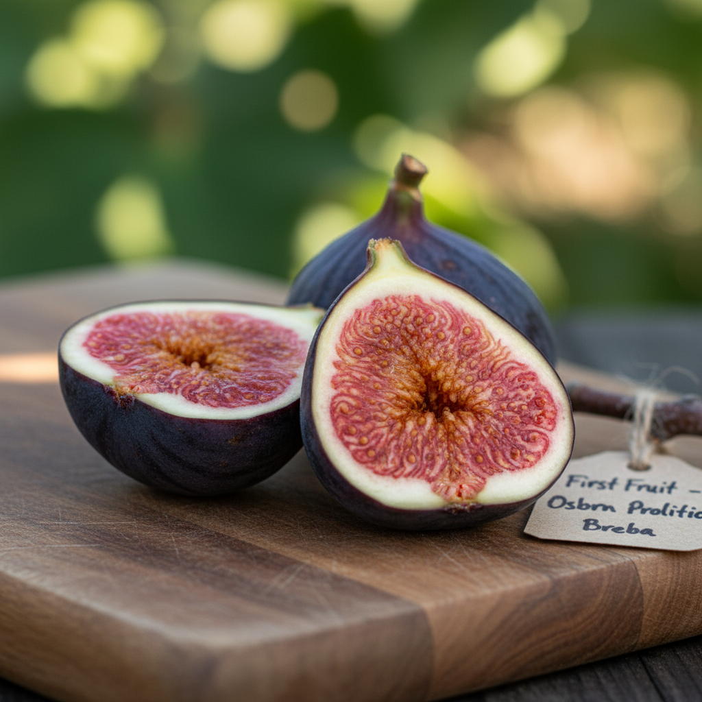 Osborn Prolific breba fig showing dark purple exterior and bright interior flesh, first fruit of the season