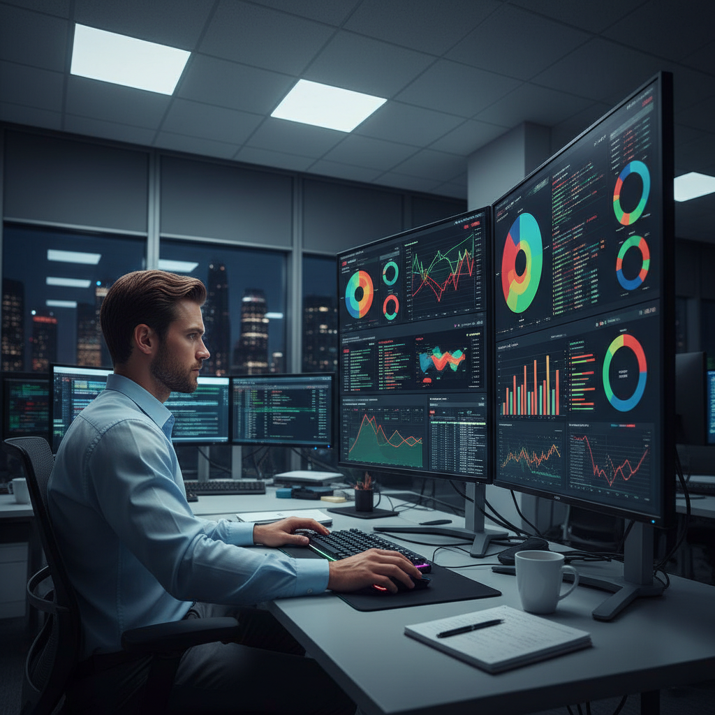 Security analyst reviewing SIEM dashboards showing log correlation data and security event timelines across multiple monitors