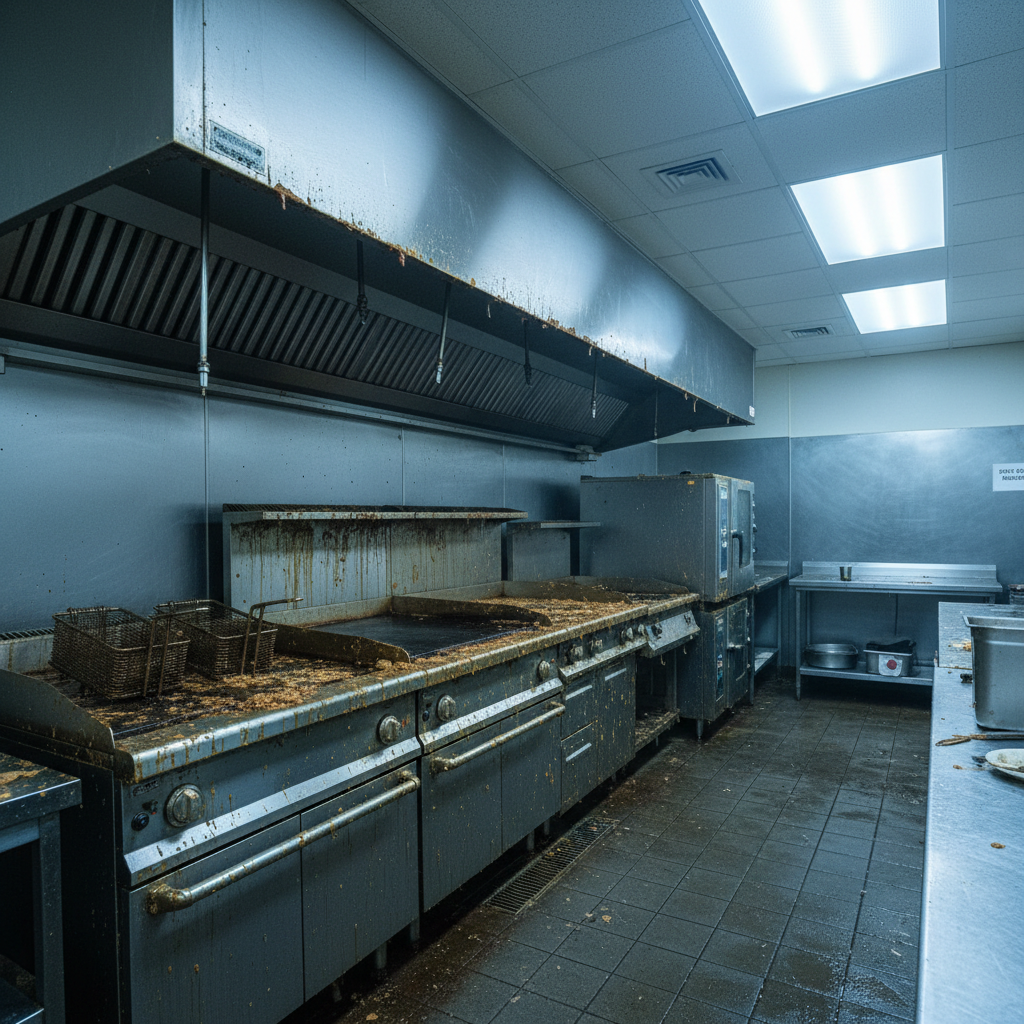Commercial kitchen exhaust hood with heavy grease buildup before cleaning