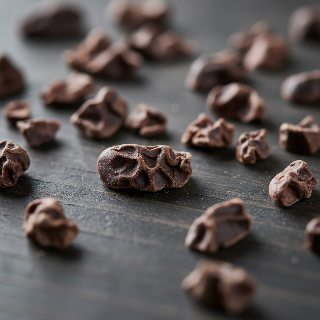 Cacao nibs scattered on dark wooden surface