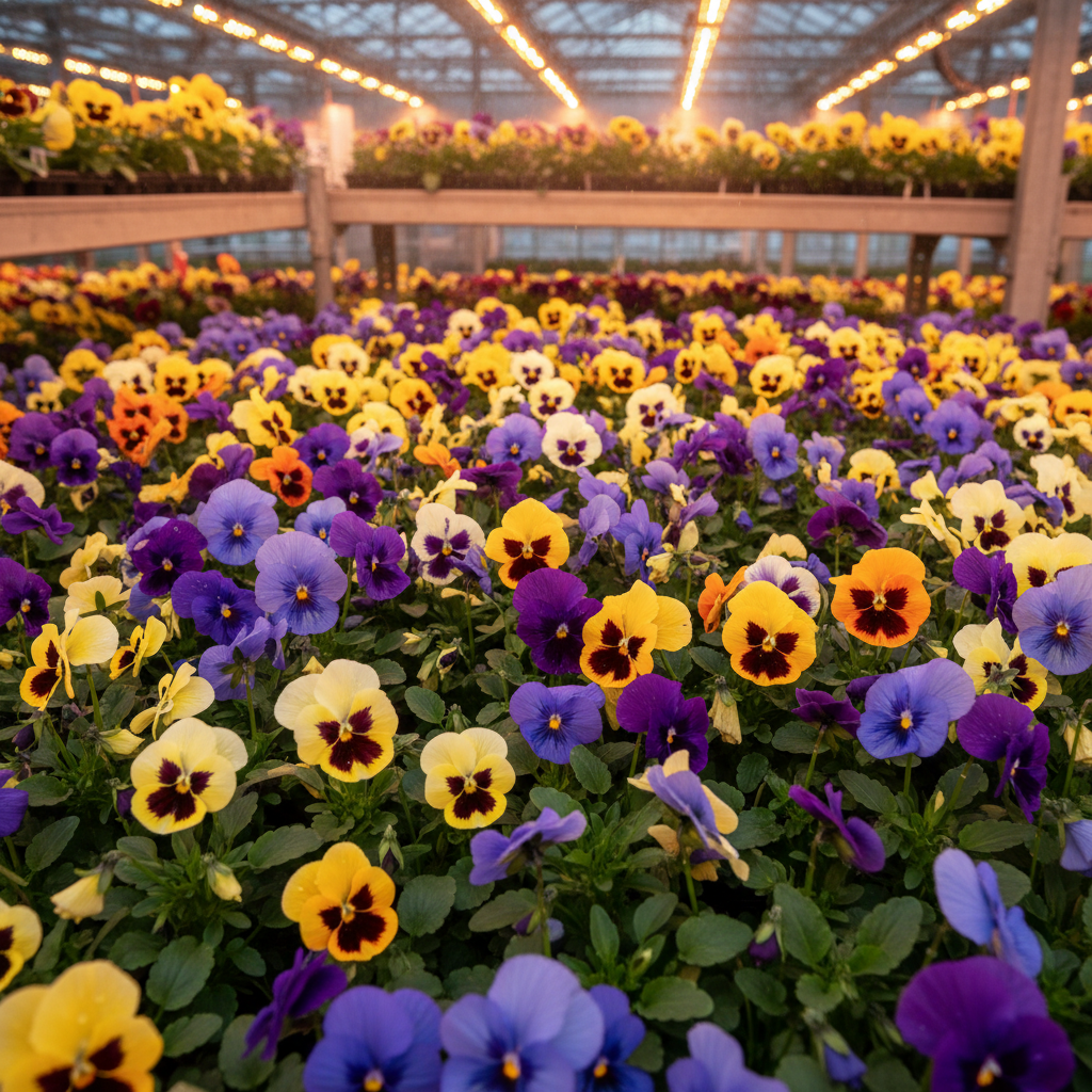 Flats of colorful pansies crowding a wooden greenhouse bench under warm grow lights