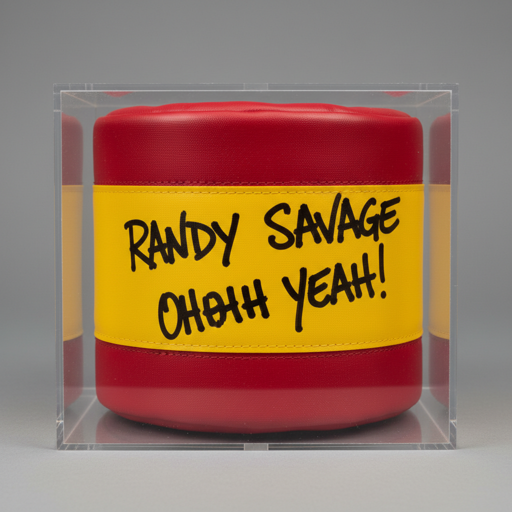 Red and yellow turnbuckle pad signed by Randy Savage in black marker, displayed in acrylic case