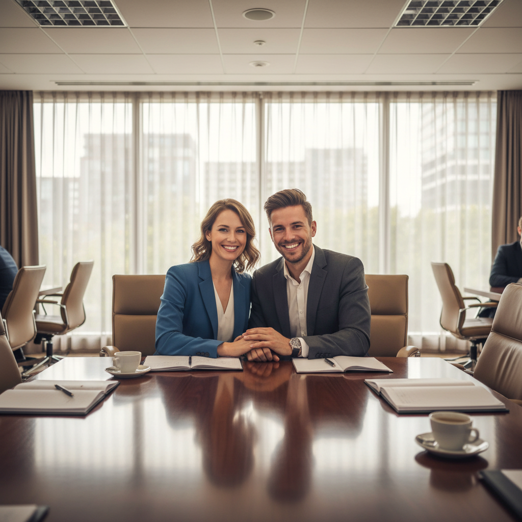 Couple sitting together at a conference table, smiling at camera